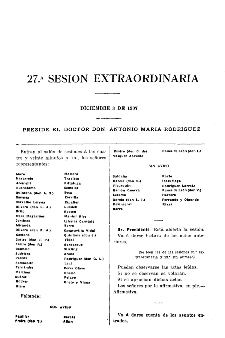 DIARIO DE SESIONES DE LA CAMARA DE REPRESENTANTES del 03/12/1907